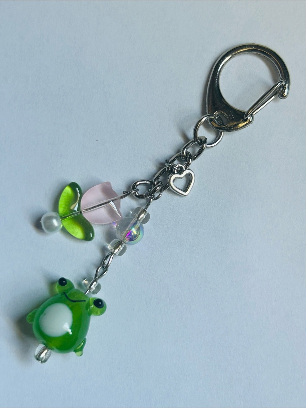 Green Frog Bead Keychain with Flower Charms